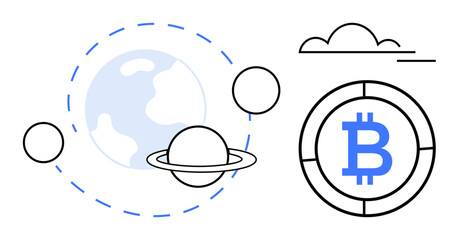 Cryptocurrency, blockchain technology, digital finance, global economy, futuristic economy, decentralized systems. Earth and planets with Bitcoin symbol. Cryptocurrency and blockchain technology © robu_s