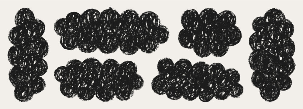 Hand-drawn Crayon Cute Clouds in Black Colors. Vector Doodle Shapes with Chalk Texture. Pencil Bubble Frames and Borders in Kids Style for for Photos, Labels, Stickers, Scrapbook Designs.