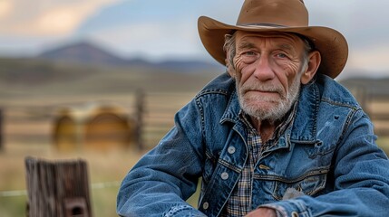 Obraz premium Authentic cowboy reflecting in a rural ranch at golden hour with hay bales and prairie background