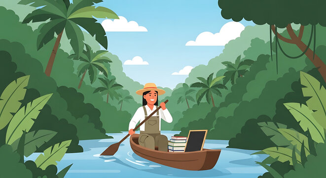 A man rows a boat through a lush jungle river with books and a laptop on board