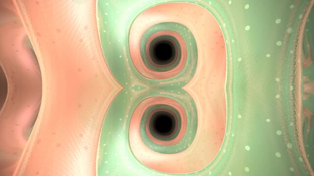 Abstract symmetrical fractal pattern with swirling peach and green organic shapes and dark central voids.