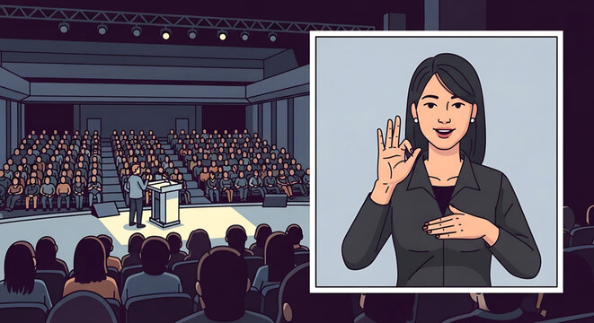 A diverse speaker presenting to a large audience with a sign language interpreter on screen