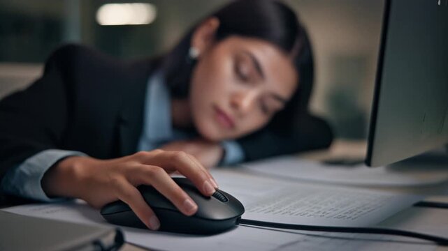 Slow Work Pace. Quiet Quitting. Workplace Culture. A photorealistic close-up shot of a worker slowly moving a computer mouse while staring blankly at a spreadsheet, set in a quiet office cubicle
