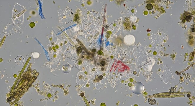 Microscopic View of Diverse Plankton and Debris in Water Sample.