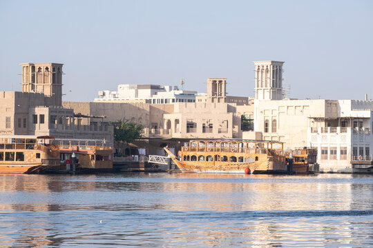 12,12,2025 Dubai, UAE. A stunning wide shot of the Dubai Creek waterway in the historic Deira district