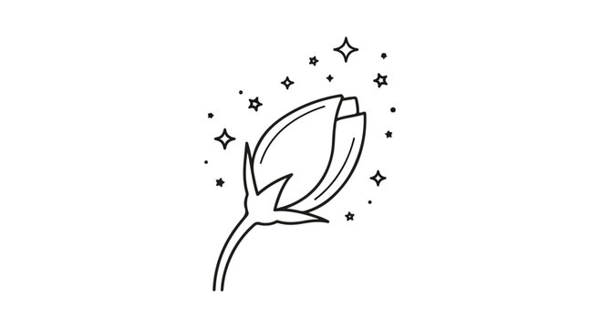 Minimalist Rosebud Line Art Illustration with Stars Isolated on White Background
