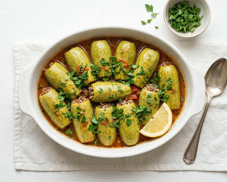 Kousa Mahshi Stuffed Zucchini with Spiced Rice Minced Lamb in Tomato Broth Parsley and Lemon in White Dish White Background