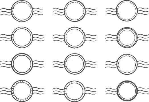 Set of 12 vintage blank circular postmark stamp vector icons with wavy lines for design elements