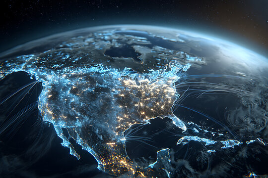 A stunning visual representation of North America at night from space with illuminated city lights and connections.