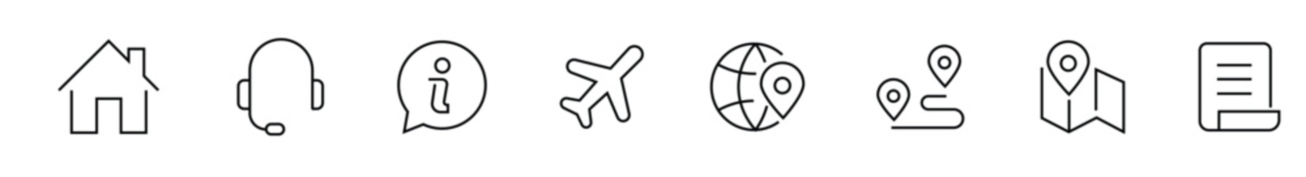 A set of eight different black line icons on a pure white background including a house, headset, information, airplane, globe, location, map, and document