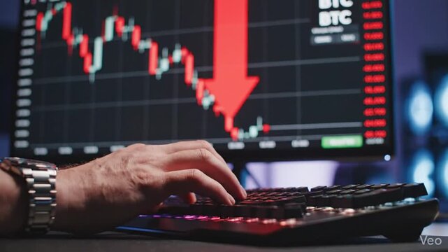 Financial crisis depicted through a sharp red downward arrow over a computer keyboard representing a dramatic Bitcoin cryptocurrency market price crash and negative investment trend.