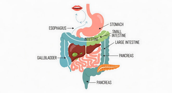 A detailed vector graphic illustration of the human digestive system with labeled organs
