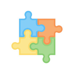 Fototapeta premium Four colorful puzzle pieces fitting together to represent teamwork and problem-solving