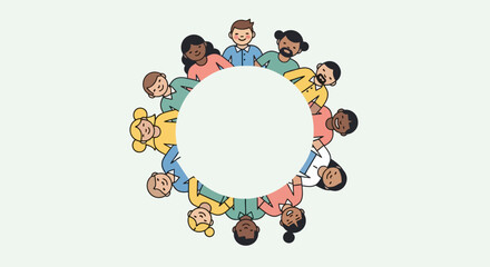 Naklejka premium Diverse Group of Individuals Forms a Harmonious Circle of Unity, Community, and Global Connection, Symbolizing Inclusion and Friendship for a Better Future