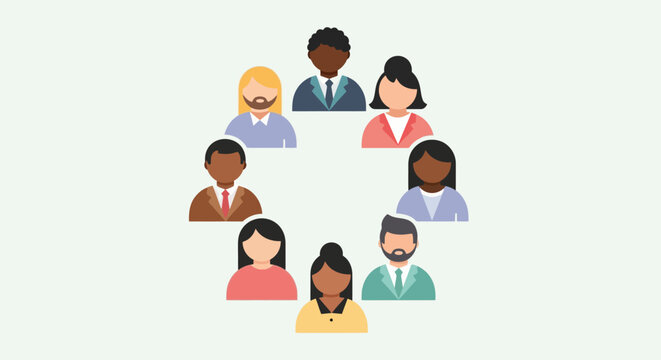 Diverse circle of people avatars, representing community, teamwork, and global collaboration among a multi-ethnic group in a professional and social context