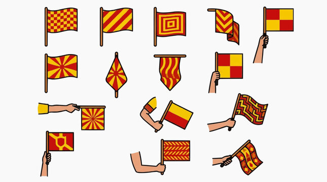 A collection of yellow and red flags representing a variety of designs and patterns