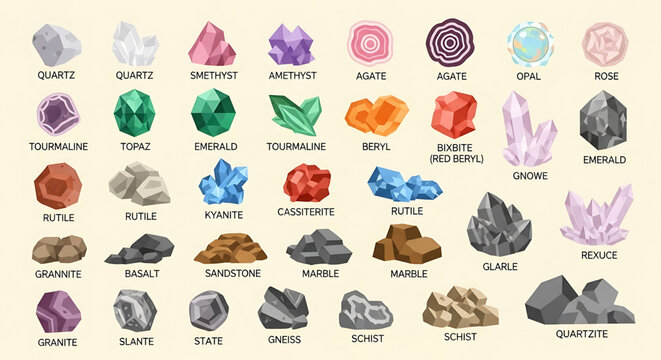 A colorful vector graphic illustration of various gemstones and minerals, showcasing their unique shapes and names.