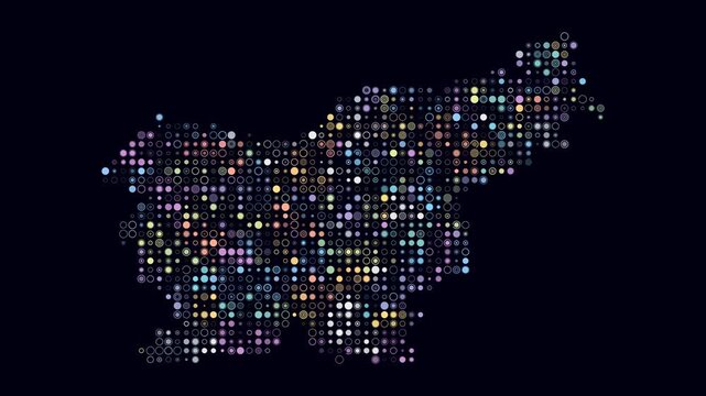 Slovenia animated country shape. Pulsating colored dots on the map of the country. Small size circle blocks. Digital style Slovenia map on dark background. Trending animation video.