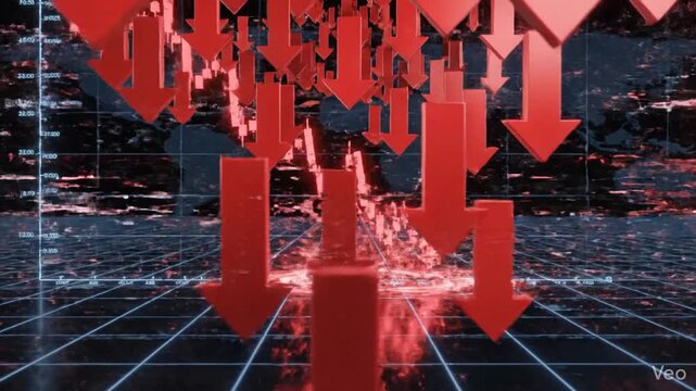 Abstract visual of global economic recession showing red downward trend arrow and crashing stock market price chart on dark digital fintech grid backdrop for finance concept 3D rendering 4K 10s