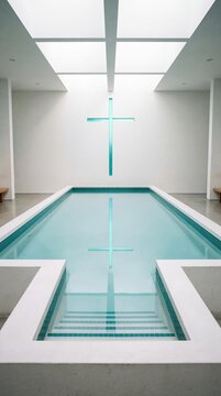 A modern minimalist interior with a pool of water, a cross, and natural light streaming in from above