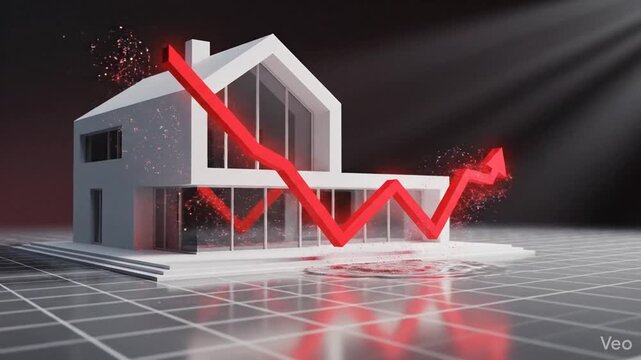 Modern house model representing real estate market crash with a descending red arrow graph on a blue background symbolizing financial crisis, economic recession, and property value decline.
