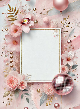 Elegant Pink Birthday Frame Background with Flowers, Balloons and Gold Glitter &ndash; Feminine Party Design