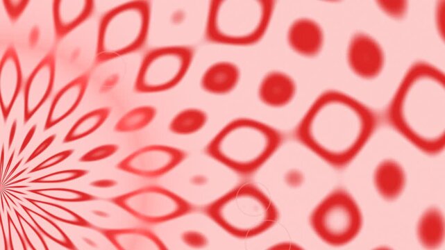 A soft red and pink abstract pattern featuring a radial floral design on the left and a grid of rounded squares and circles on the right.