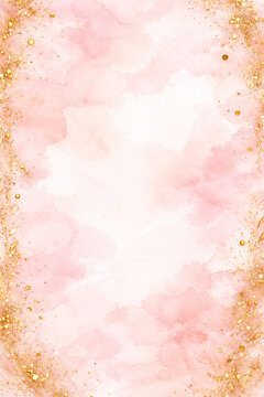 Soft Pink Watercolor Background with Gold Glitter Frame, Elegant Abstract Texture