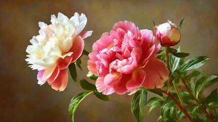 Obraz premium Warm oil painting style of pink and white peonies green leaves light brown background digital two large roses