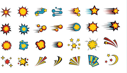 Comic explosion and motion effect icons featuring blasts stars bursts speed lines and impact elements in colorful cartoon vector illustration set © AntarChandra