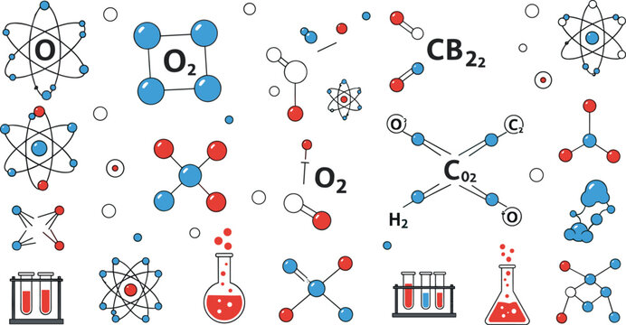 Chemistry molecules and atomic structure icons with O2 CO2 H2 formulas laboratory experiment science education vector illustration set