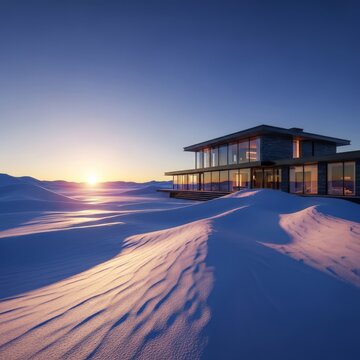 Luxury isolated villa bathed in golden light amidst a vast, sub-zero snowscape with swirling blue drifts, isolation, light, interior