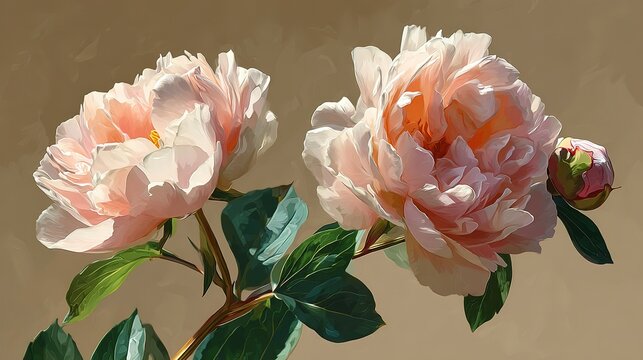 Digital oil painting style of pink white peonies green stems light brown background warm two large roses
