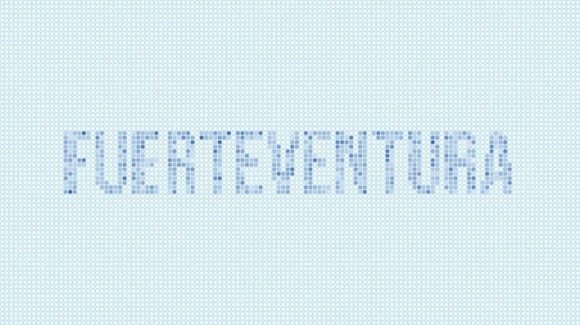Fuerteventura dotted map animation. Digital style shape of the island. Fuerteventura shape and title blue dots appear with flickering effect. Spain. Creative Intro, outro, title, logo video.
