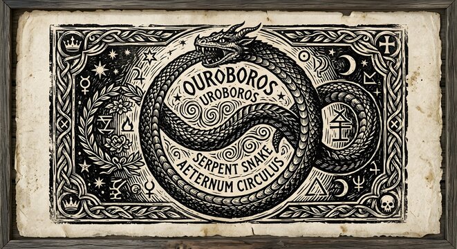 Vintage Ouroboros Serpent Woodcut Illustration on Aged Parchment