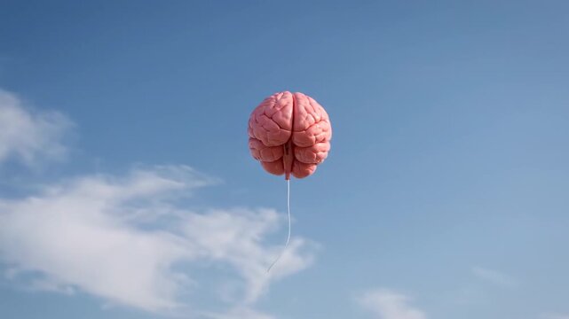 Surreal conceptual illustration of a pink human brain floating like a balloon with a string in a clear blue sky. Concept of free thinking, imagination, and mental health.