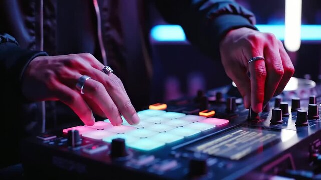 Dynamic close-up shows a talented young individual's hands manipulating a glowing electronic music controller with vibrant pads in a youthful creativity for an International Youth Day celebration.