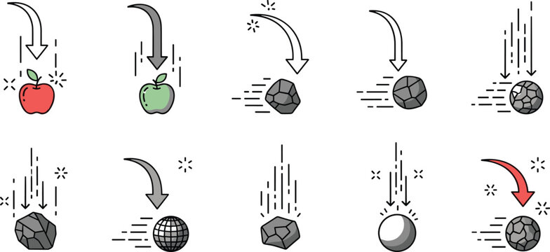 Falling objects and motion impact vector icons showing gravity acceleration trajectory and collision effects with arrows in minimal flat illustration set