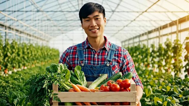 A young Asian farmer smiles proudly, holding fresh vegetables in a bright greenhouse, celebrating International Youth Day and sustainable agriculture practices.