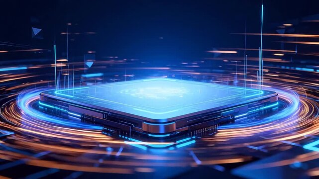 Futuristic tech platform with glowing lights