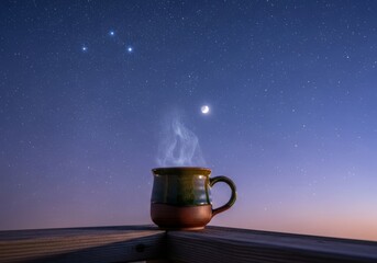 Fototapeta premium Steaming herbal tea in a ceramic mug rests on a wooden balcony railing under a starry sky, reflecting a quiet moment of late restlessness, awake, ceramic, dark