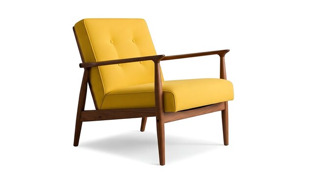 Yellow armchair with wooden frame on white background