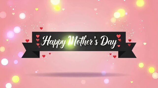 Happy Mothers Day greeting banner vector. Black ribbon with elegant calligraphy text on pink background with bokeh lights and hearts. Festive card template for spring holiday celebration.