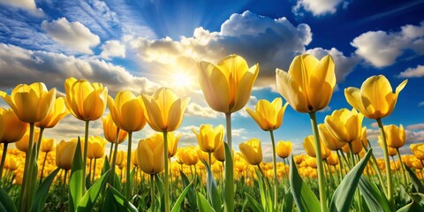 Obraz premium Spectacular Yellow Tulips Under Bright Blue Sky and Sunlight