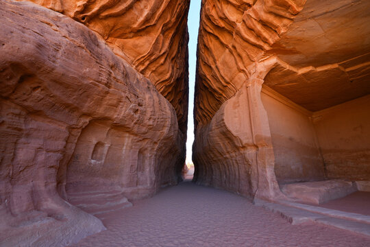 The Diwan, an ancient Nabataean banquet hall carved into Jabal Ithlib in Hegra, AlUla, Saudi Arabia