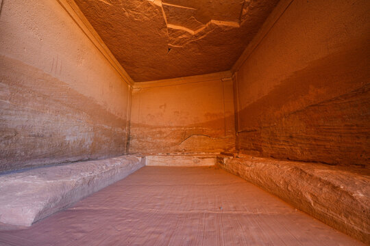 The Diwan, an ancient Nabataean banquet hall carved into Jabal Ithlib in Hegra, AlUla, Saudi Arabia