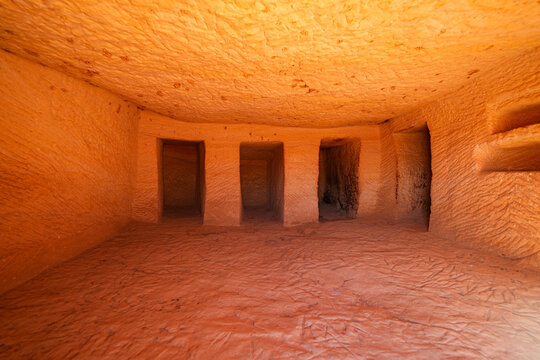 Interior of an excavated Nabataean tomb at Jabal AlBanat in Hegra, AlUla, Saudi Arabia