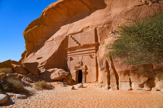 Ancient Nabataean rock-cut tombs at Jabal AlBanat necropolis in Hegra, AlUla, Saudi Arabia