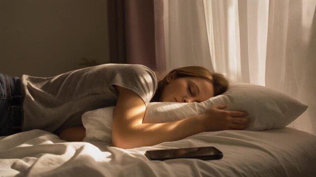 Afternoon Nap Drift. Bed Rotting. Lifestyle. A photorealistic side-angle shot of a young adult sleeping deeply on an unmade bed with a phone lying beside them, set in a softly lit bedroom
