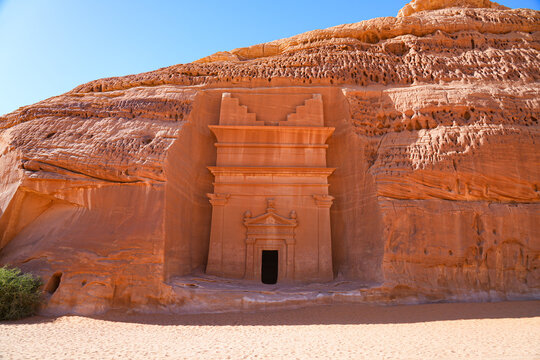 Ancient Nabataean rock-cut tombs at Jabal AlBanat necropolis in Hegra, AlUla, Saudi Arabia